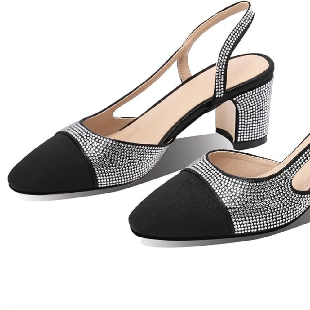 Women's Slingback Pumps Rhinestone Embellished Round Toe Chunky Heel Two…